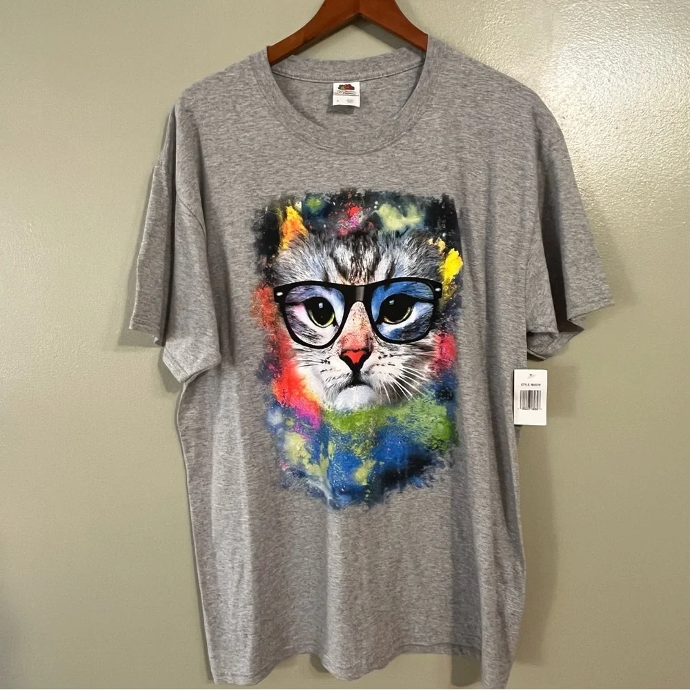 Fruit Lum VTG 2000 Gray Cat In Glasses  Graphic T-Shirt Womens Cotton L NWT